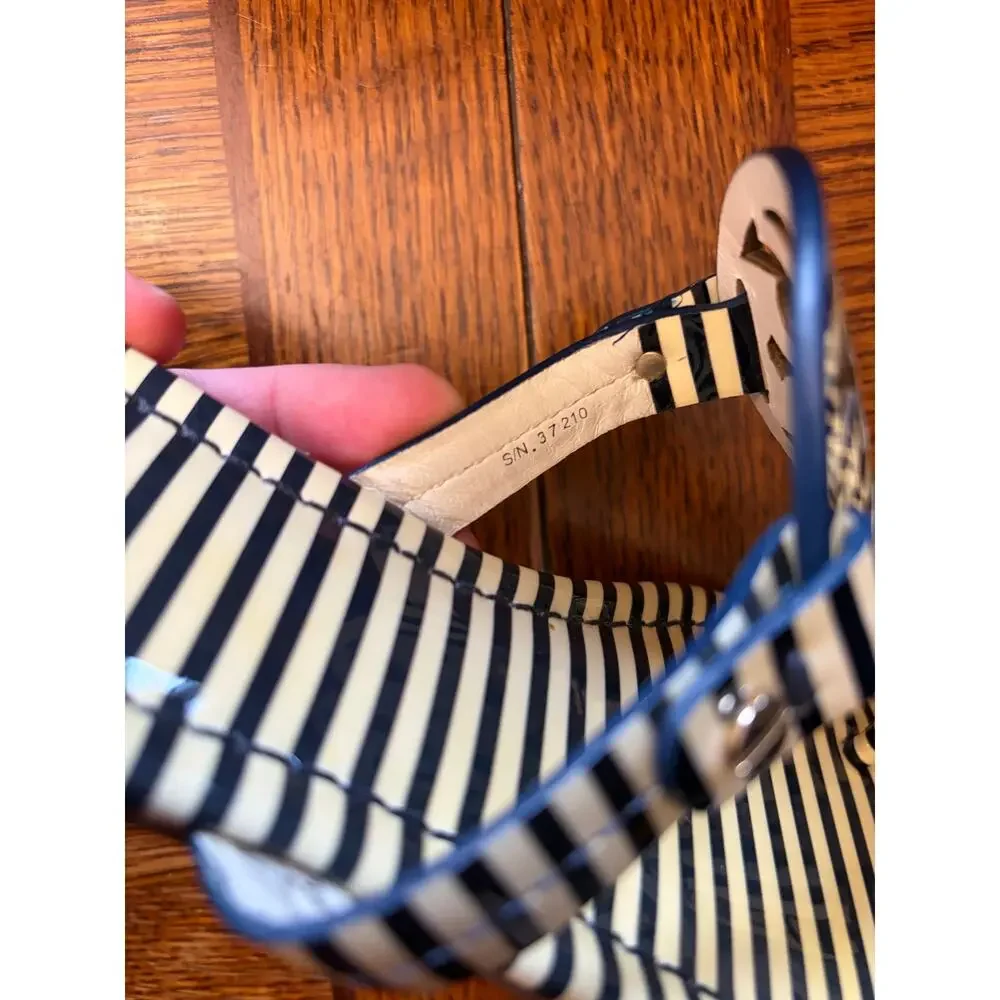 Tory Burch Miller Sandals Size 6 Navy Nautical Striped Patent Leather Thong